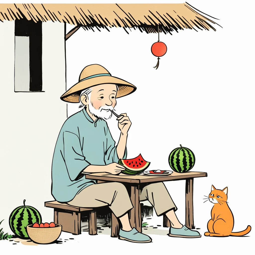 An old man wearing a straw hat sits under a thatched hut eating watermelon,and next to an orange cat sits beside him. Features of the comic style,rough drawing,colorful cartoon illustrations. Simple lines,flat coloring,and Chinese-style cartoon characters (mainly white background:2),(large blank area),,Simple background,(Large area of blank）