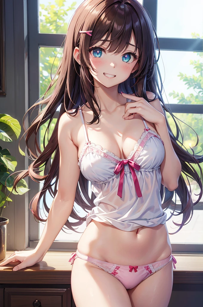 A beautiful girl in camisole sexy panties, anime girl, housewife, inside the room, inside the house, a window nearby, big rounds breasts, (yellow sleeveless camisole, pink panties with white heart print, panties with a little red bow in the middle), dark brown hair, bangs, long hair, wavy hair, hair one side up, expressive hair, shiny hair, hairclip, aqua eyes, (gradient eyes:1.3), glowing eyes, pupils sparkling, blush, bright pupils, grin, open mouth, (grin:1.3), glossy lips, forehead, cute face, finger to mouth, anime, high detail, anime style, depth of field, dithering, chiaroscuro, image fill, three sided view, panorama, perspective, photography, lens flare, Wide-Angle, f/1.8, 85mm, Nikon, 40k, super detail, UHD, retina, masterpiece, accurate, anatomically correct, textured skin, highres, best quality