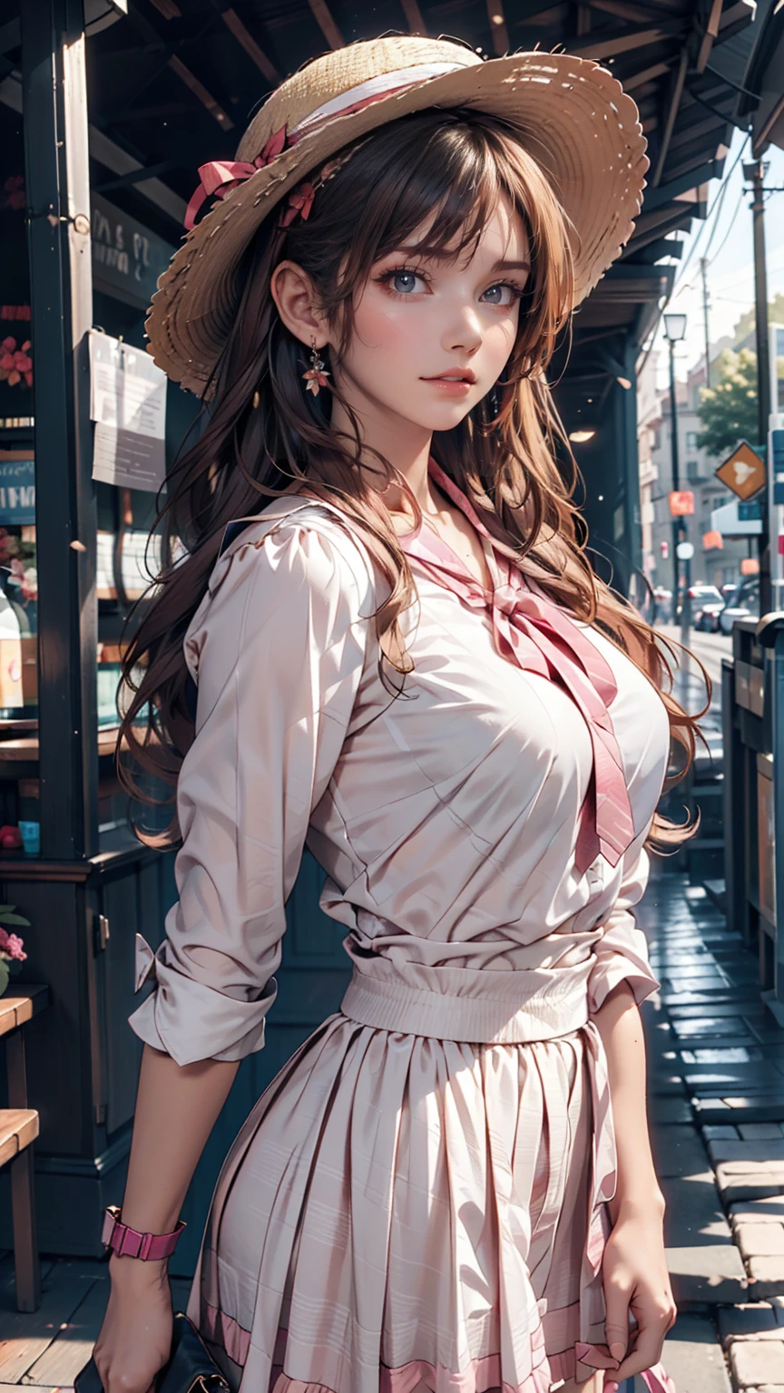 Highest quality, Detailed Background, girl, ,EUR_street,High-neck blouse with frills（Light pink)、High Waist Skirt（long)、pumps、Handbag shoulder bag、Ribbon decorated straw hat（Wide eaves)、Tie the scarf around your neck、Upstyle your hair