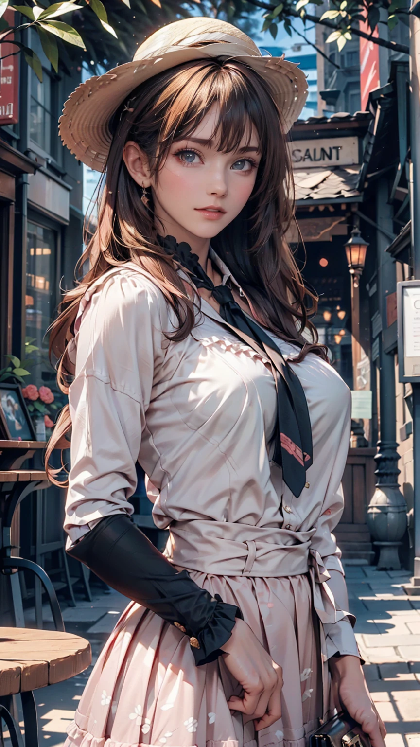 Highest quality, Detailed Background, girl, ,EUR_street,High-neck blouse with frills（Light pink)、High Waist Skirt（long)、pumps、Handbag shoulder bag、Ribbon decorated straw hat（Wide eaves)、Tie the scarf around your neck、Upstyle your hair