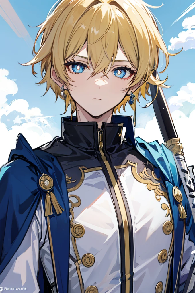 초상화, Face_through_torso, arcanepunk, 1man, Solo, royalty(prince), handsome guy, light blonde hair, benevolent_face(sky_blue_eyes(spade shaped_pupils), sharp eyes, half closed_eyes), royal suit