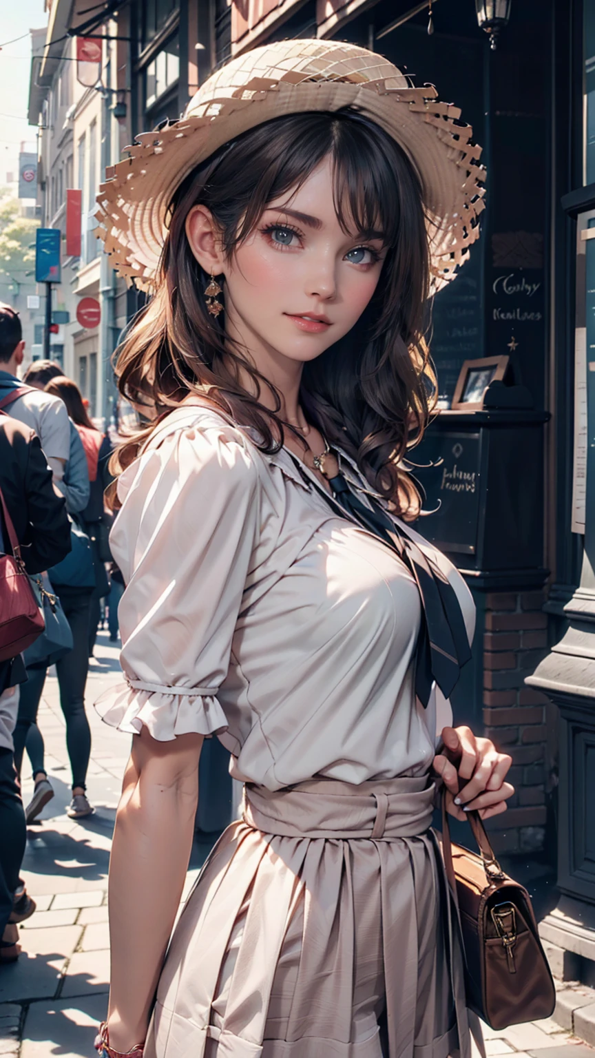 Highest quality, Detailed Background, girl, ,EUR_street,High-neck blouse with frills(Light pink)、High Waist Skirt(long)、pumps、Handbag shoulder bag、Ribbon decorated straw hat(Wide eaves)、Tie the scarf around your neck、Upstyle your hair