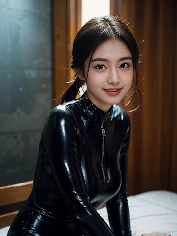 (RAW Photography:1.2)、top-quality、a beautiful detailed girl、tight water suit、latex wet suit, a smile、Twin-tailed、extremely detailed eye and face、beatiful detailed eyes、huge filesize、hight resolution、hight resolution、8k wallpapenely detail、Highly detailed ticker uniform 8k wallpaper、Light on the face、movie lighting、、sexy pose、(photorealisim:1.4)、illustratio、surrealism、 frombelow、super detailing、masterpiece