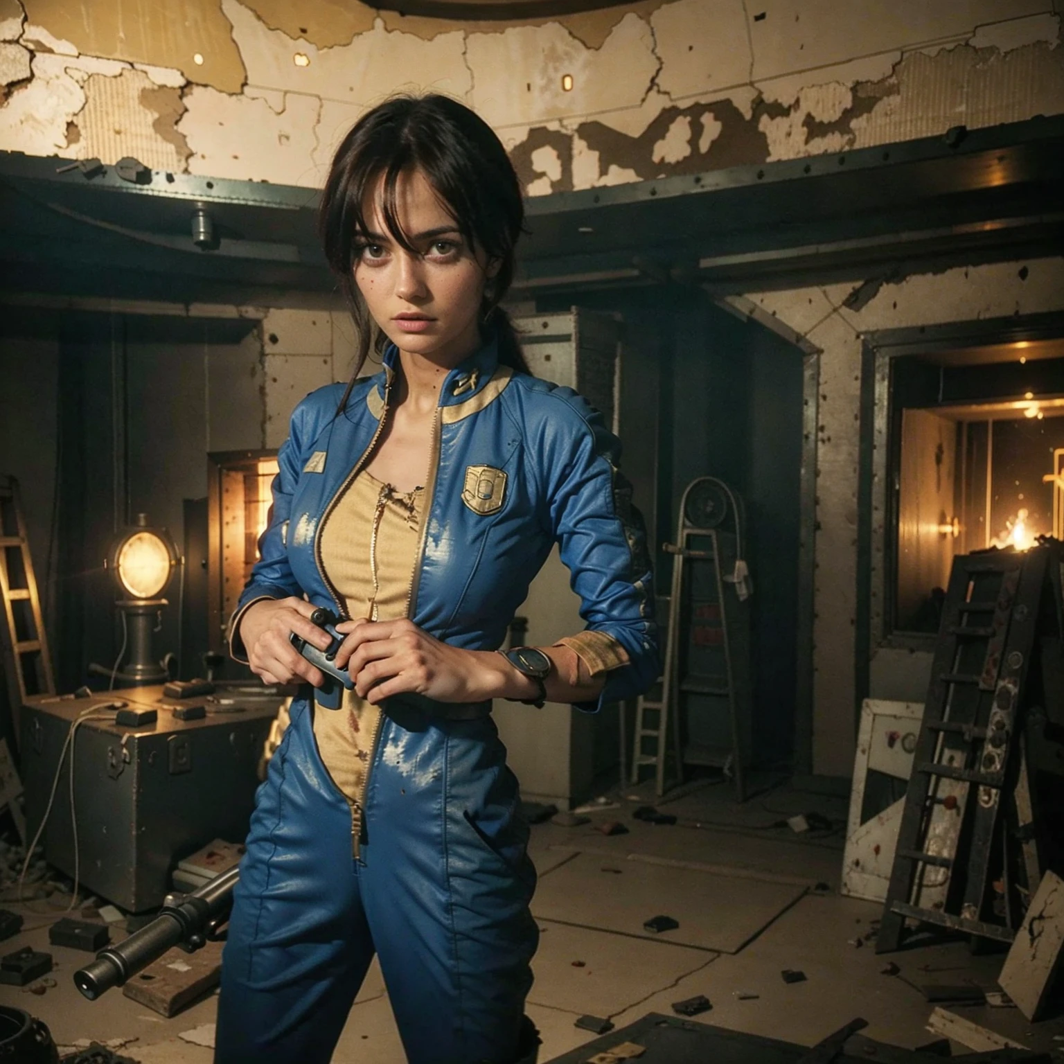 (One person). Fallout TV series. Inside a dimly lit large wreaked smoky room in a post-apocalyptic (casino) in Las Vegas. Vaultsuit Lucy, a 25 year-old vault dweller wearing a blue and gold vaultsuit unzipped top with bloodstains on the t-shirt underneath, her black hair disheveled, with a large ((gun)) in her hand, standing ready to defend herself.  Dark room with smoke and small fires in the rubble. Menacing shadows. Dramatic. Cinematic. realistic colors, realistic, photo-realistic. 