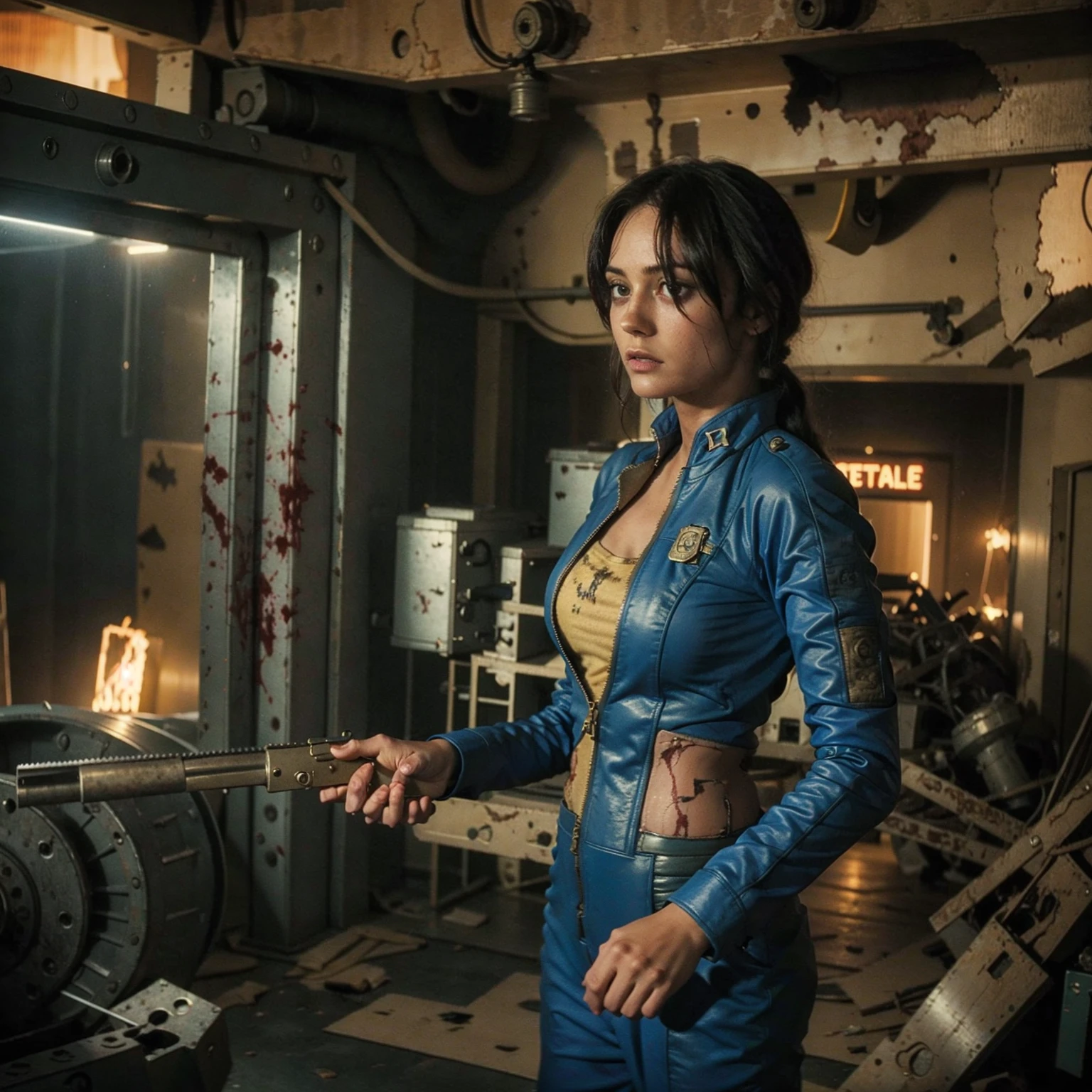 (One person). Fallout TV series. Inside a dimly lit large wreaked smoky room in a post-apocalyptic (casino) in Las Vegas. Vaultsuit Lucy, a 25 year-old vault dweller wearing a blue and gold vaultsuit unzipped top with bloodstains on the t-shirt underneath, her black hair disheveled, with a large ((gun)) in her hand, standing ready to defend herself.  Dark room with smoke and small fires in the rubble. Menacing shadows. Dramatic. Cinematic. realistic colors, realistic, photo-realistic. 