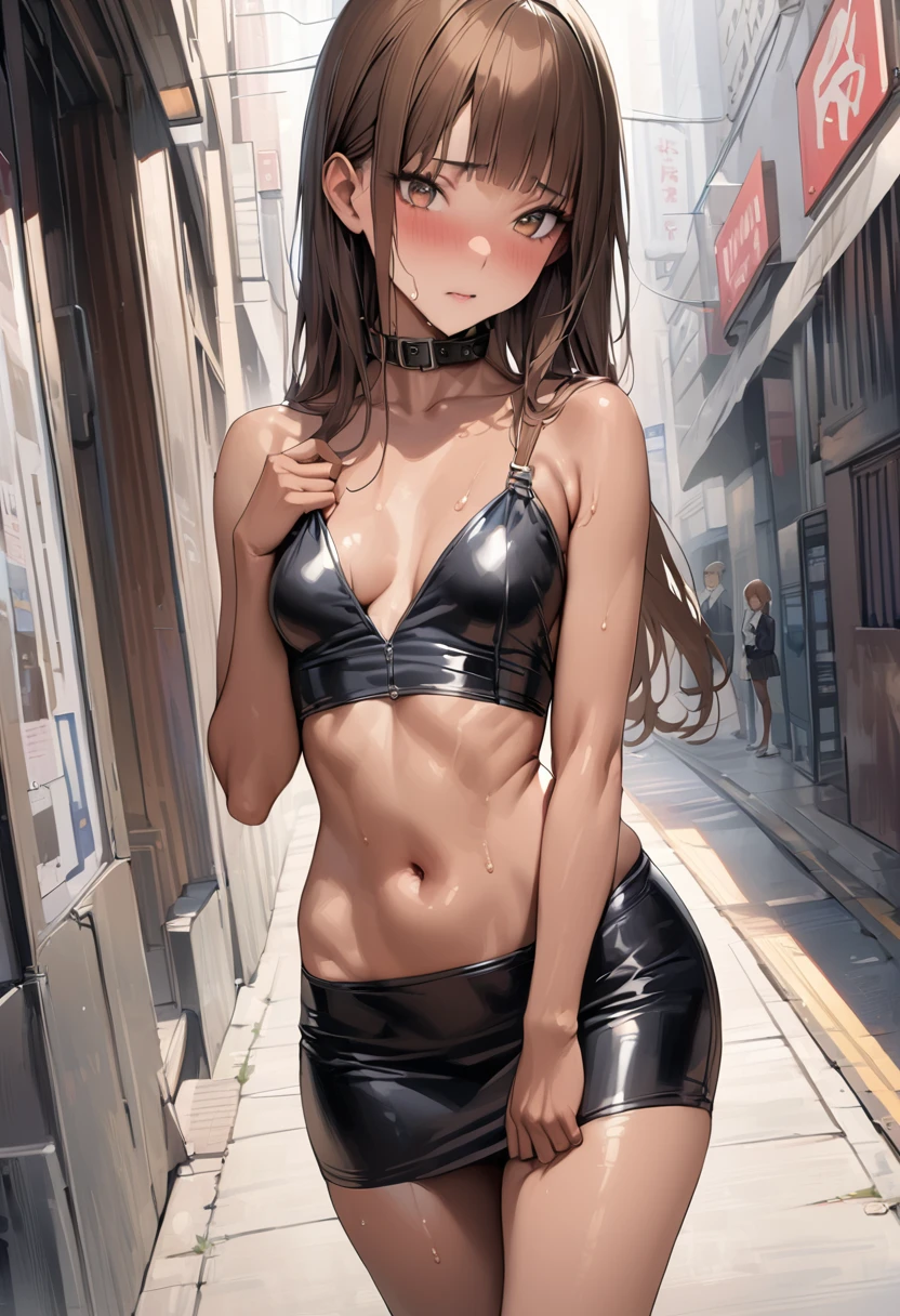 ((masterpiece,best quality anime,Highest quality:1.3)),realistic,cowboy shot,Mature Beauty,独奏,1woman,((very small head:1.3)),ideal ratio body proportions,tan skin,brown hair,bangs,straight long hair,gorgeous eyes,brown eyes,shy,(Wearing a black formal jacket、navel、Black leather collar、Black tight mini skirt),((slender body,skinny,toned body)),small breasts,sweat,gleaming skin,shiny skin,on street,Shinjuku、Modern Tokyo、