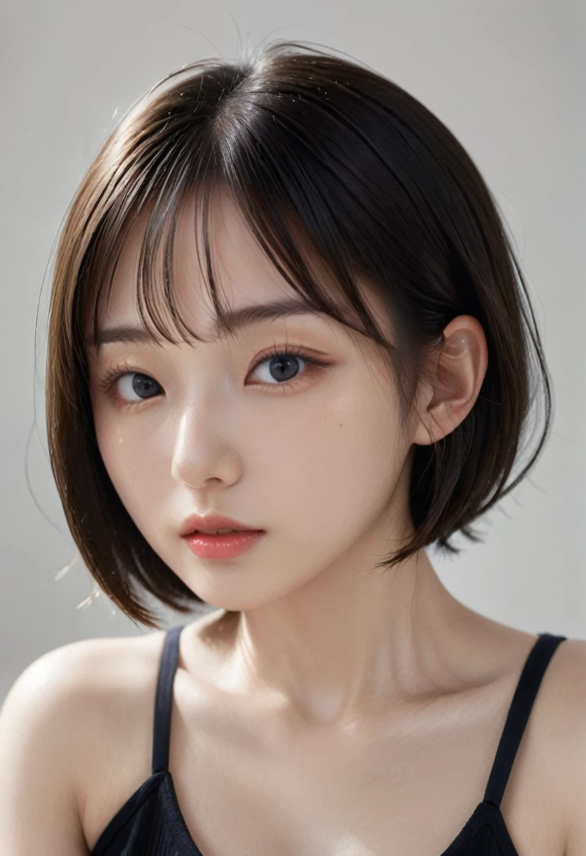 photorealistic, Photography ,BREAK, short hair woman, taking a (selfie:1.5) , (black T-shirts), on the sofa in simple bedroom , white background, (short hair), BREAK, 8k , LAW , best-quality, masterpiece, hyper realistic detail shiny skin , natural shading , realistic shadow, BREAK (hyper realistic detail shiny skin, detailed skin, detailed hair, ultra sharpness, intricate details), perfect anatomy