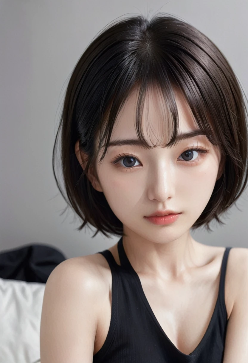photorealistic, Photography ,BREAK, short hair woman, taking a (selfie:1.5) , (black T-shirts), on the sofa in simple bedroom , white background, (short hair), BREAK, 8k , LAW , best-quality, masterpiece, hyper realistic detail shiny skin , natural shading , realistic shadow, BREAK (hyper realistic detail shiny skin, detailed skin, detailed hair, ultra sharpness, intricate details), perfect anatomy