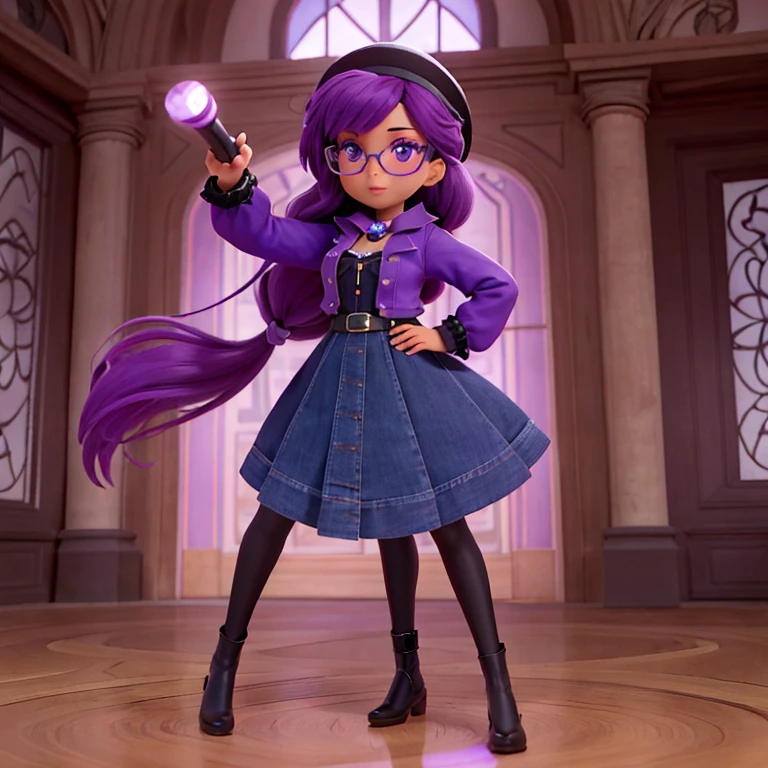 fille noire, femme à la peau foncée, tresses violettes, porter des écouteurs violets brillants avec microphone,porter des lunettes à bayonetta, debout en pleine air , porter un haut révélateur, jupe en jean
Info
