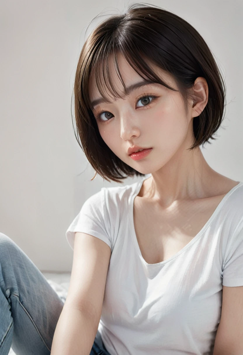 photorealistic, Photography ,BREAK, short hair woman, taking a (selfie:1.5) , (white T-shirts and denim pants), on the bed in simple bedroom , white background, (short hair), BREAK, 8k , LAW , best-quality, masterpiece, hyper realistic detail shiny skin , natural shading , realistic shadow, BREAK (hyper realistic detail shiny skin, detailed skin, detailed hair, ultra sharpness, intricate details), perfect anatomy