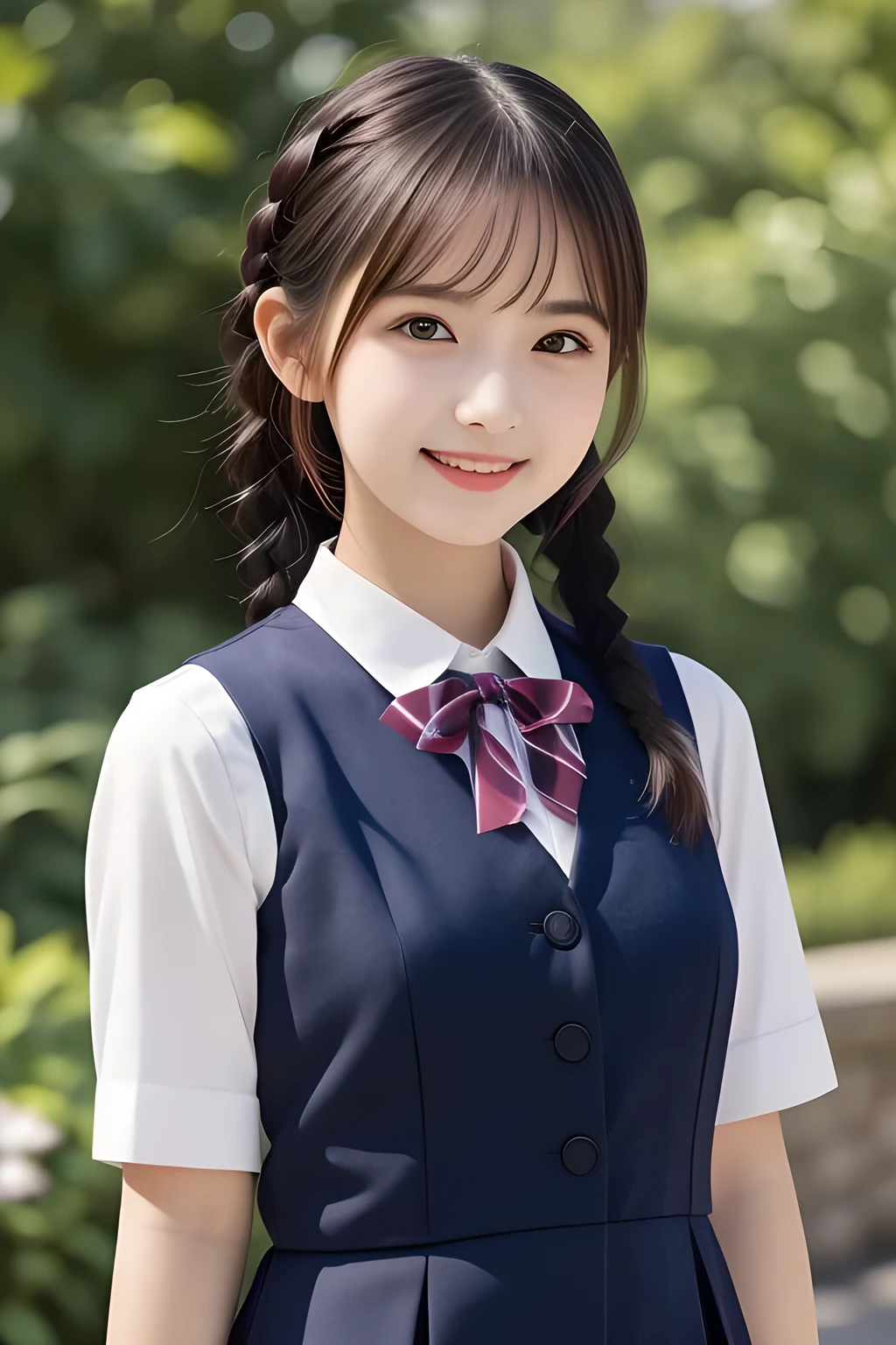 (highest quality, masterpiece, high resolution:1.2), 4K, (Photo quality detailed face: 1.2), (Giorgione painting style: 1.3), geometry, 14 yo beautiful girl, Laughing cutely, (neat girly white school blouse), (Dark red glossy school ribbon on the breast: 1.0), (Gray Japanese school girly vest Uniform: 1.2), (Beautiful light-amber-cute-girly eyes with detailed cutely: 1.2), (Expressing the greatest joy with her whole body: 1.2), (Glossy lips: 1.0), (braids)