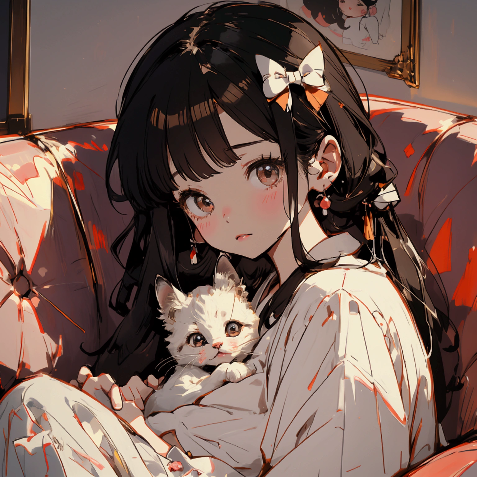 90s anime style,Cute little girl 3 years old,The girl wore a white dress,long hair,Bangs,There are big bows on the clothes,Cute expression,There is a cute white and black kitten next to it,拿着cell phone玩游戏,cell phone,sofa,Living room scene,sweet,Lovely modeling、Clarity、16K,Close-up details,Close-up of face,