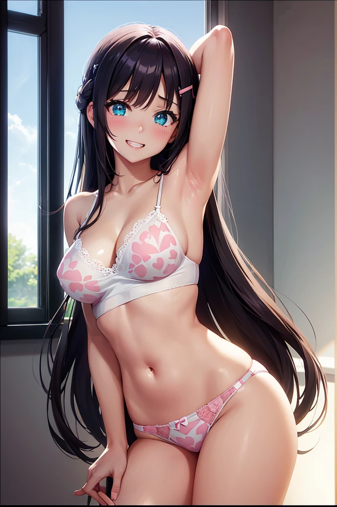 A beautiful girl in camisole sexy panties, anime girl, housewife, inside the room, inside the house, a window nearby, big rounds breasts, (yellow sleeveless camisole, pink panties with white heart print, panties with a little red bow in the middle), dark brown hair, bangs, long hair, wavy hair, hair one side up, expressive hair, shiny hair, hairclip, aqua eyes, (gradient eyes:1.3), glowing eyes, pupils sparkling, blush, bright pupils, grin, open mouth, (grin:1.3), glossy lips, forehead, cute face, finger to mouth, anime, high detail, anime style, depth of field, dithering, chiaroscuro, image fill, three sided view, panorama, perspective, photography, lens flare, Wide-Angle, f/1.8, 85mm, Nikon, 40k, super detail, UHD, retina, masterpiece, accurate, anatomically correct, textured skin, highres, best quality