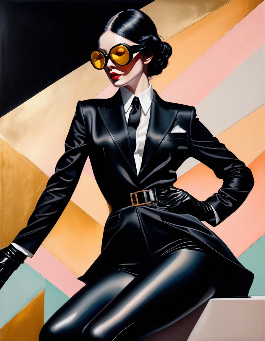chiaroscuro technique on sensual illustration of an elegant woman,full body black suit and boots vintage ,silky eerie, matte painting, by Hannah Dale, by Harumi Hironaka, extremely soft colors, vibrant, pastel, highly detailed, digital artwork, high contrast, dramatic, refined, tonal, golden ratio wearing glossy goggles enduro