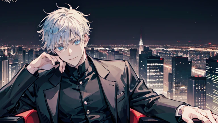 Imagine Gojo Satoru from Jujutsu Kaisen reimagined in a contemporary urban setting. He sits confidently in a luxurious, high-backed chair, upholstered in rich, dark leather with intricate detailing. His sleek, tailored black suit with a modern twist, paired with a crisp white shirt and a slim black tie, adds to his sophisticated appearance. His signature white hair is styled in a trendy, tousled manner, and his striking blue eyes are fully visible, adding to his captivating and powerful aura.
Gojo has one leg casually crossed over the other, exuding an air of effortless authority and elegance. In one hand, he casually holds a smartphone, glancing at it with a smirk, while his other hand rests on the armrest of the chair. The backdrop is a bustling cityscape with neon lights reflecting off skyscrapers, capturing the essence of a vibrant nightlife. Despite the modern surroundings, his presence remains commanding, and his enigmatic smile suggests he's always in control.