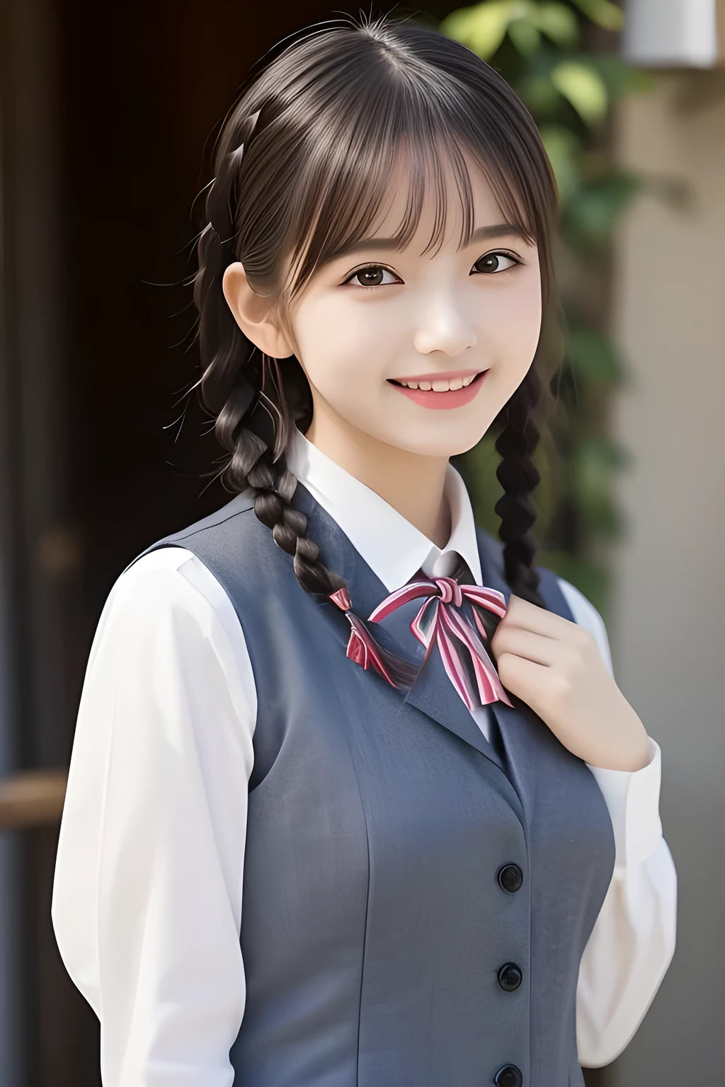 (highest quality, masterpiece, high resolution:1.2), 4K, (Photo quality detailed face: 1.2), (Giorgione painting style: 1.3), geometry, 14 yo beautiful girl, Laughing cutely, (neat girly white school blouse), (Dark red glossy school ribbon on the breast: 1.0), (Gray Japanese school girly vest Uniform: 1.2), (Beautiful light-amber-cute-girly eyes with detailed cutely: 1.2), (Expressing the greatest joy with her whole body: 1.2), (Glossy lips: 1.0), (braids)