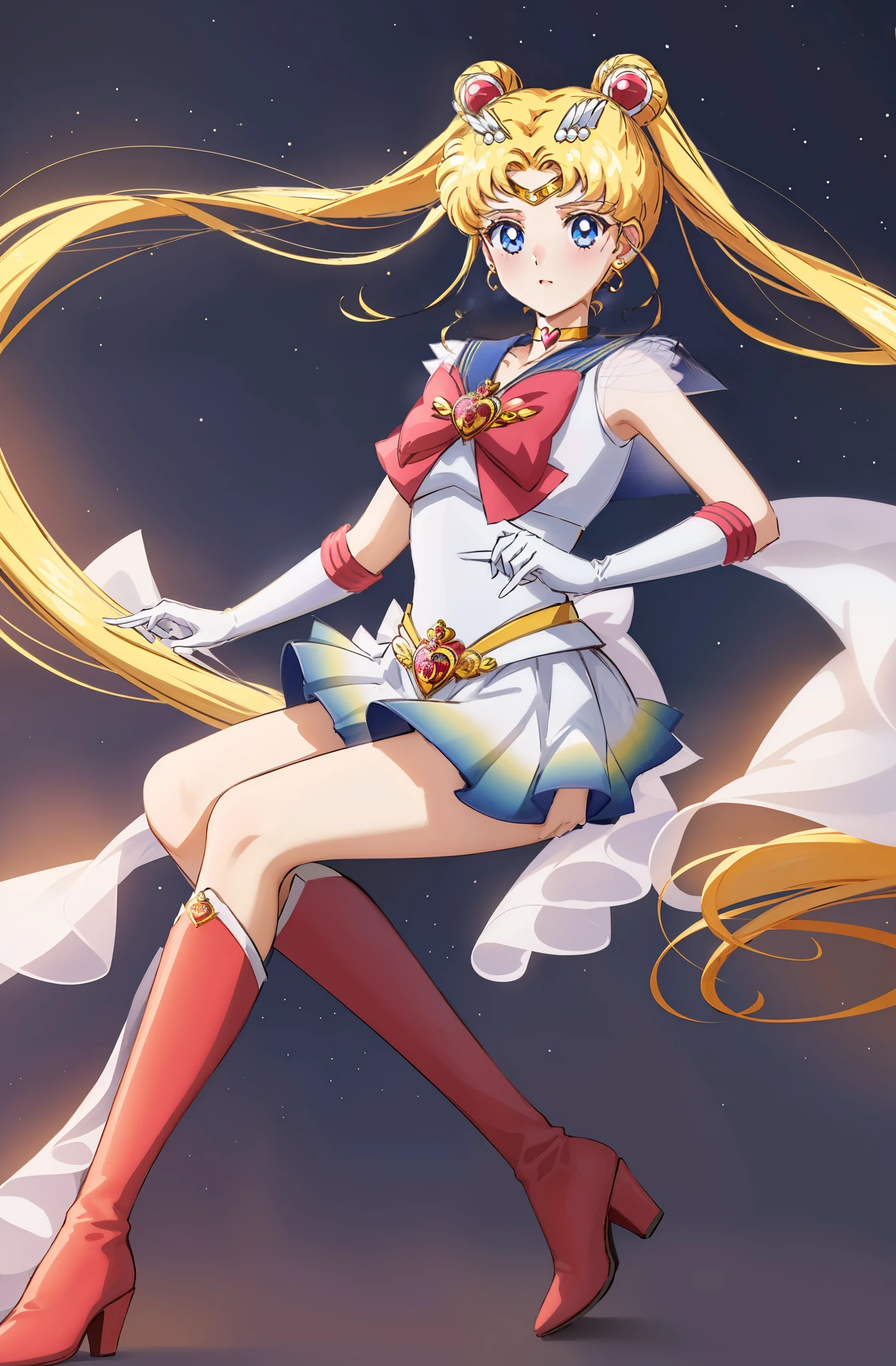 masterpiece, best quality, (1girl), supersailormoon, detailed face, happy, face focus, cowboy shot, nigh sky, moonlight, moon, sakura trees, city at night, white gloves, detailed eyes, detailed face, galaxy background, detailed background, multicolored clothes, sailor senshi uniform, multicolored skirt, hair ornament, red bow, brooch, heart brooch, earrings, crescent, heart choker, heart, miniskirt, very long hair, back bow, crescent earrings, tiara, yellow choker, boots, knee boots, red footwear
