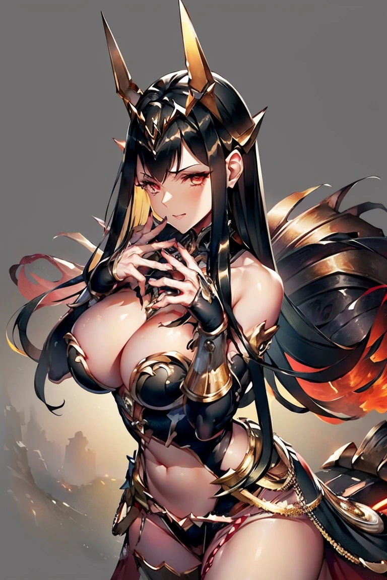 black hair, bare shoulder, red eyes, very long hair, cleavage, large breasts, dress, showgirl skirt, high-leg, cleavage cutout, tiara, bare thighs, gauntlets, bare shoulder, (((extremely detailed hands and fingers, ultra detailed hands and fingers, super detailed hands and fingers, perfect female hands and fingers, biologically accurate hands and fingers, 5 fingers accurate hands and fingers, beautiful hands and fingers, hands and fingers drawing, human hand and fingers, perfect arrangement of fingers))), adult face, fearless face, both arms, two arms, both hands, two hands, super fine illustration, masterpiece, masterwork, by famous artist, official art, ultra high res, best quality, high quality, Hand, detailed, perfect, perfection
, hands, betterhand, 