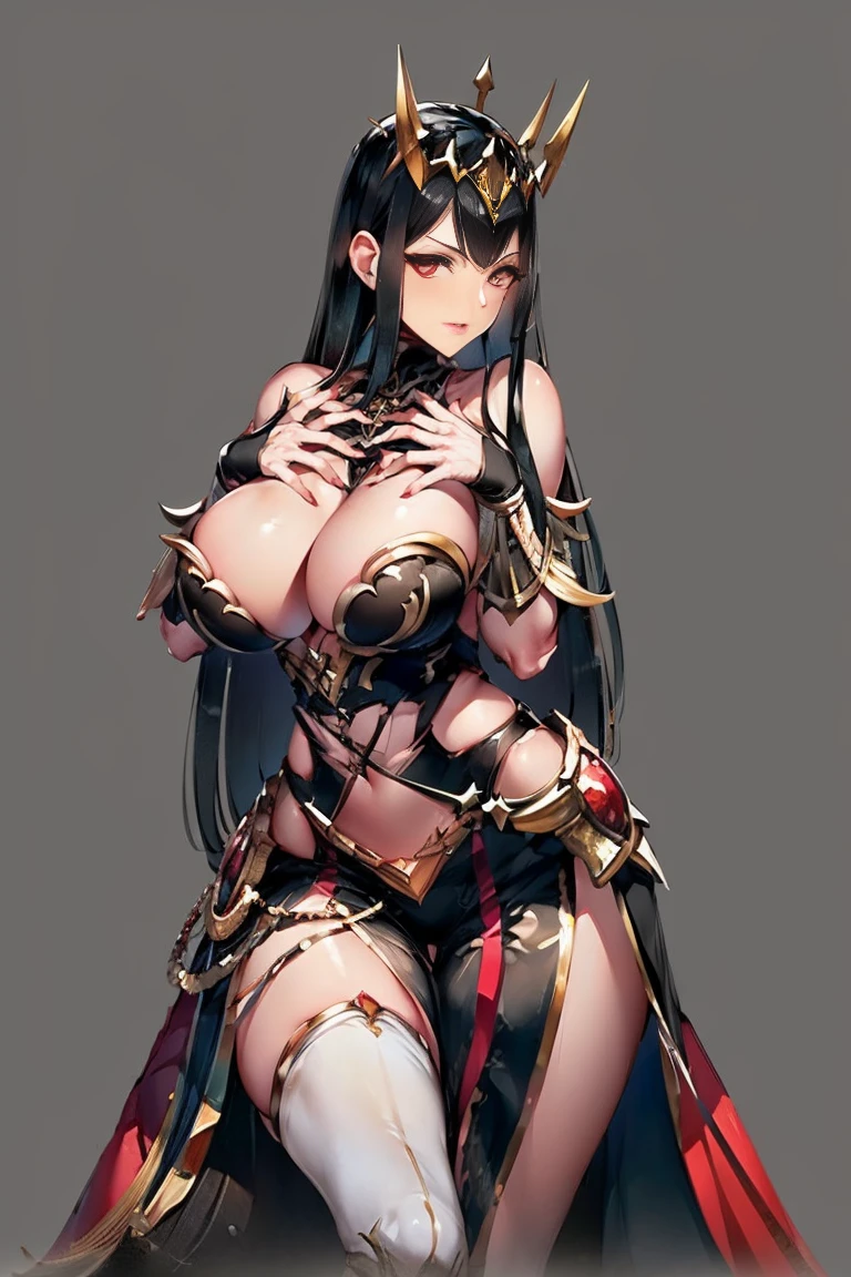 black hair, bare shoulder, red eyes, very long hair, cleavage, large breasts, dress, showgirl skirt, high-leg, cleavage cutout, tiara, bare thighs, gauntlets, bare shoulder, (((extremely detailed hands and fingers, ultra detailed hands and fingers, super detailed hands and fingers, perfect female hands and fingers, biologically accurate hands and fingers, 5 fingers accurate hands and fingers, beautiful hands and fingers, hands and fingers drawing, human hand and fingers, perfect arrangement of fingers))), adult face, fearless face, both arms, two arms, both hands, two hands, super fine illustration, masterpiece, masterwork, by famous artist, official art, ultra high res, best quality, high quality, Hand, detailed, perfect, perfection
, hands, betterhand, 