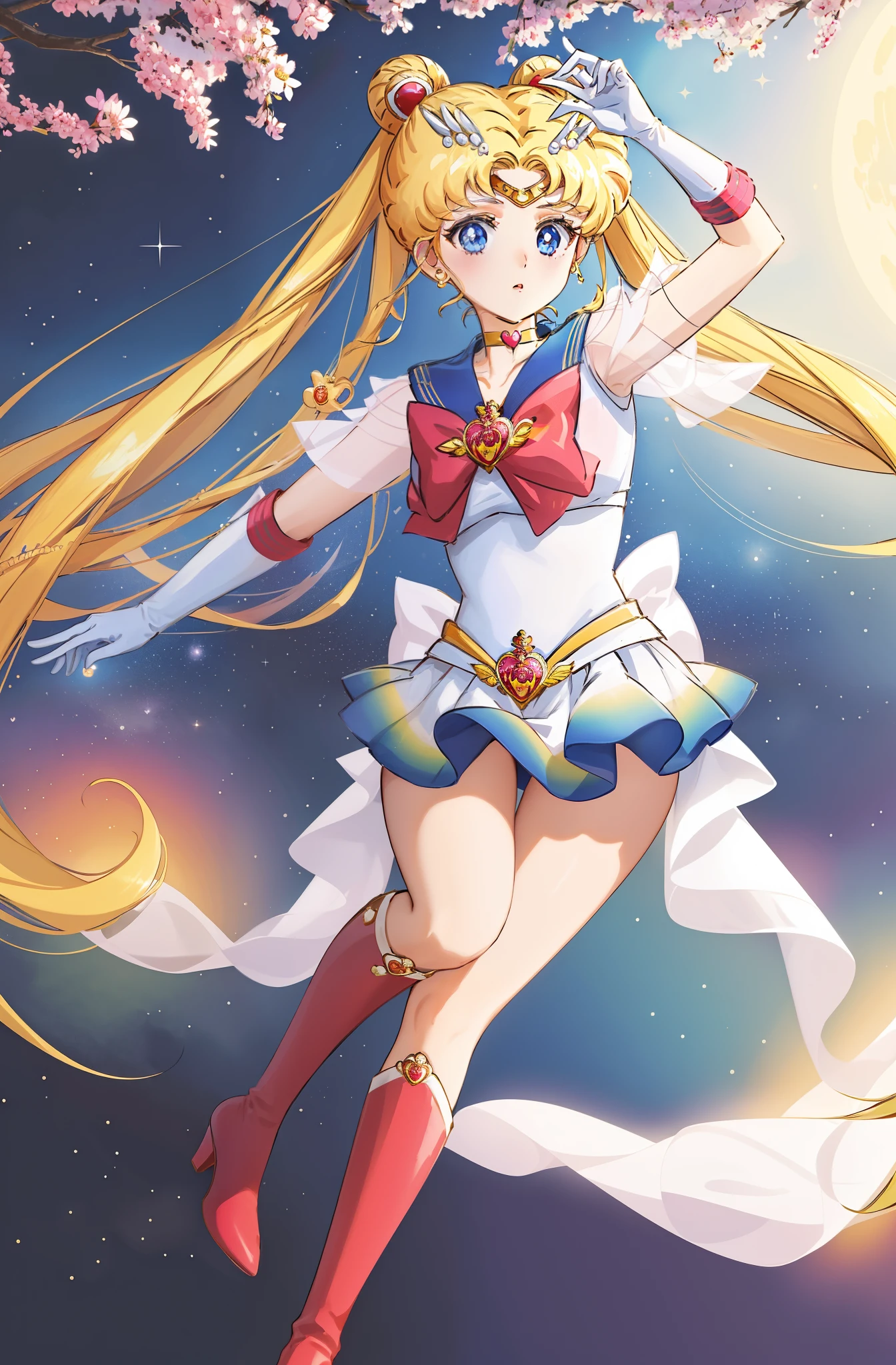 masterpiece, best quality, (1girl), supersailormoon, detailed face, happy,  face focus, cowboy shot, nigh sky, moonlight, moon, sakura trees, city at night,  white gloves, detailed eyes, detailed face,  galaxy background, detailed background, multicolored clothes, sailor senshi uniform, multicolored skirt, hair ornament, red bow, brooch, heart brooch, earrings, crescent, heart choker, heart, miniskirt, very long hair, back bow, crescent earrings, tiara, yellow choker, boots, knee boots, red footwear