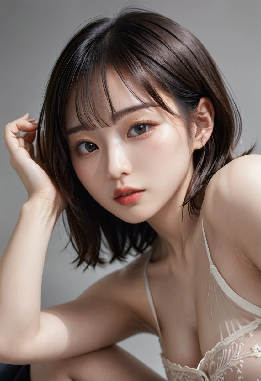 photorealistic, Photography ,BREAK, short hair woman, taking a (selfie:1.5) , (black T-shirts), on the bed in simple bedroom , white background, (short hair), BREAK, 8k , LAW , best-quality, masterpiece, hyper realistic detail shiny skin , natural shading , realistic shadow, BREAK (hyper realistic detail shiny skin, detailed skin, detailed hair, ultra sharpness, intricate details), perfect anatomy