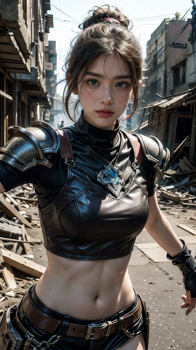 "Illustrate Camille from League of Legends by Riot Games in her Resistance skin, featuring her rugged, battle-worn armor with tactical gear, no having clothes,having massive k-cups:1.55. She's in a war-torn city with smoldering ruins and battle debris, in an attractive pose with a fierce, determined expression."

