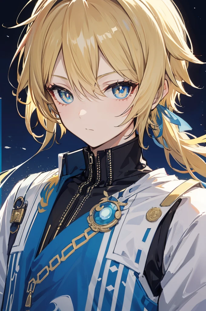 초상화, Face_through_torso, arcanepunk, 1man, Solo, royalty(prince), light blonde hair, benevolent_face(sky_blue_eyes(spade shaped_pupils), sharp eyes, half closed_eyes), royal suit