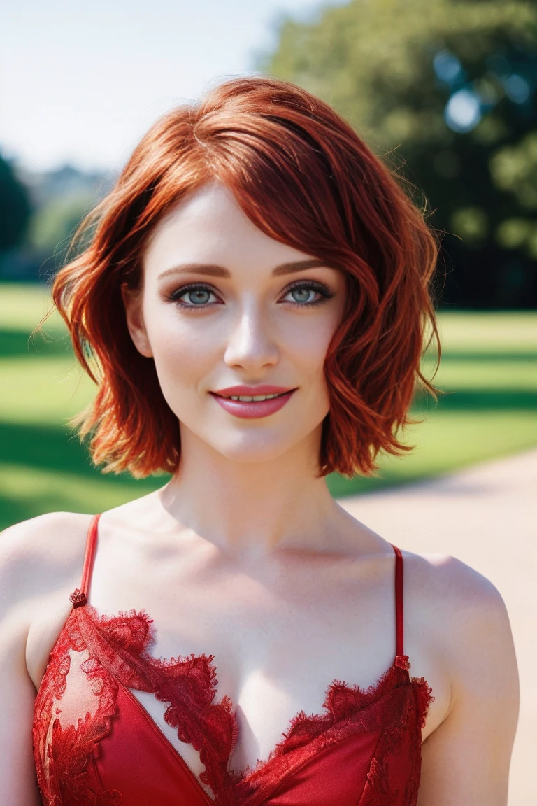 Masterpiece, (Bryce Dallas Howard: 0.5), shy, cute, playful smile, high detail face, high detail skin, fashion red dress, (high detail eyes:1.3), short hair, red hair, (small breasts:1.2), (strong athletic body), city park background, (UHD, 8K wallpaper, High resolution), Cinematic lighting, award-winning, extremely white detailed skin, extra detailed face, high detail eyes, photo-realistic, Zeiss 85 mm F/1.4, by Ellen von Unwerth
