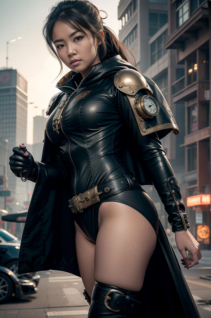 1 girl, young, 18 year old, Asian girl, full body from head to toe, realistic, realistic face, realistic eyes, worried, looks over her shoulder, side lighting, wallpaper, looks at viewer, futuristic steampunk buildings in background, long cape and sleeveless hood, cut out front of one piece swimsuit, ground earth, outdoors, hold steampunk sword in left hand, fly in the sky with steampunk jet pack, dragon logo,