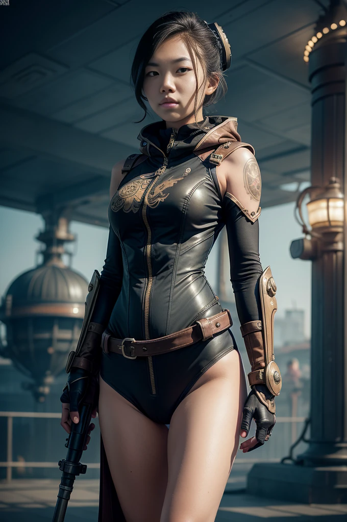 1 girl, young, 18 year old, Asian girl, full body from head to toe, realistic, realistic face, realistic eyes, worried, looks over her shoulder, side lighting, wallpaper, looks at viewer, futuristic steampunk buildings in background, long cape and sleeveless hood, cut out front of one piece swimsuit, ground earth, outdoors, hold steampunk sword in left hand, fly in the sky with steampunk jet pack, dragon logo,