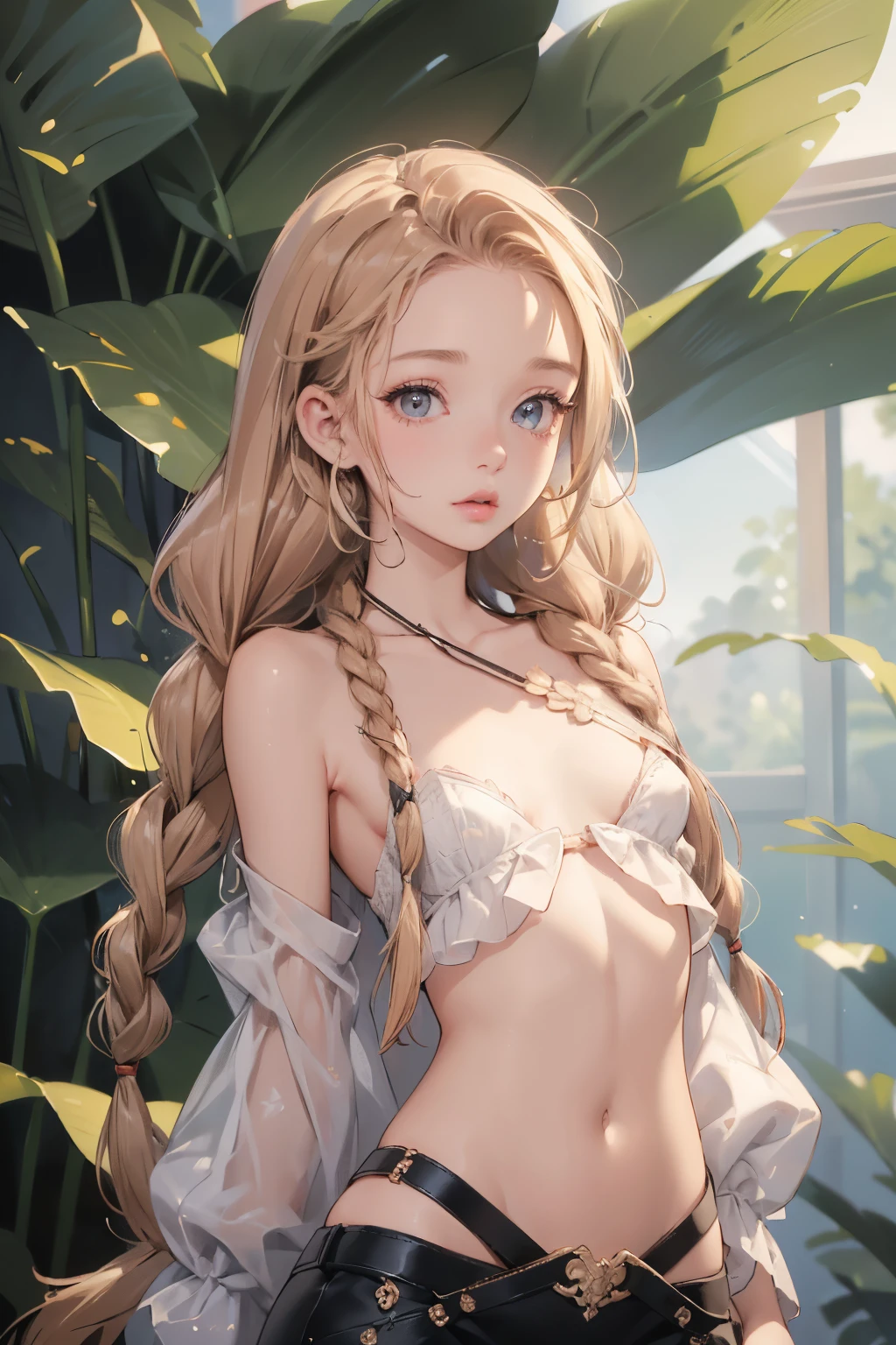 ((best quality)), ((masterpiece)), (detailed), 1girl, (big forhead:1.2),extremely detailed cute anime face, (((flat chest))), (flat chest:1.1),((((long twin braids,tight braids,long braid,braided hair,long hair)))),intricate eyes,beautiful detailed eyes,symmetrical eyes,(((detailed face))),beautiful detailed lips, looking at this, (((embarrassed))),(horrified expression),(panic),(crying),highres,(best quality),(ultra detailed,extremely detailed),perfect face details, ((masterpiece:1.4, best quality))+, (ultra detailed)+, long twintails, cute girl, (flat chest:1.1), small breasts, slim body, skinny, ((narrow hips)), prominent collarbones, skinny arms, flat stomach, visible hip bones, long hair, red hair, white hair, blonde hair, dark hair, ponytail, thick ponytail, heavy ponytail, small breasts, perfect face, small breasts (flat chest:1.1), NSFW, long revealing gown,Detailed body,Full limbs, ((front facing)), NSFW, (flat chest:1.1), wild environment, jungle, nature