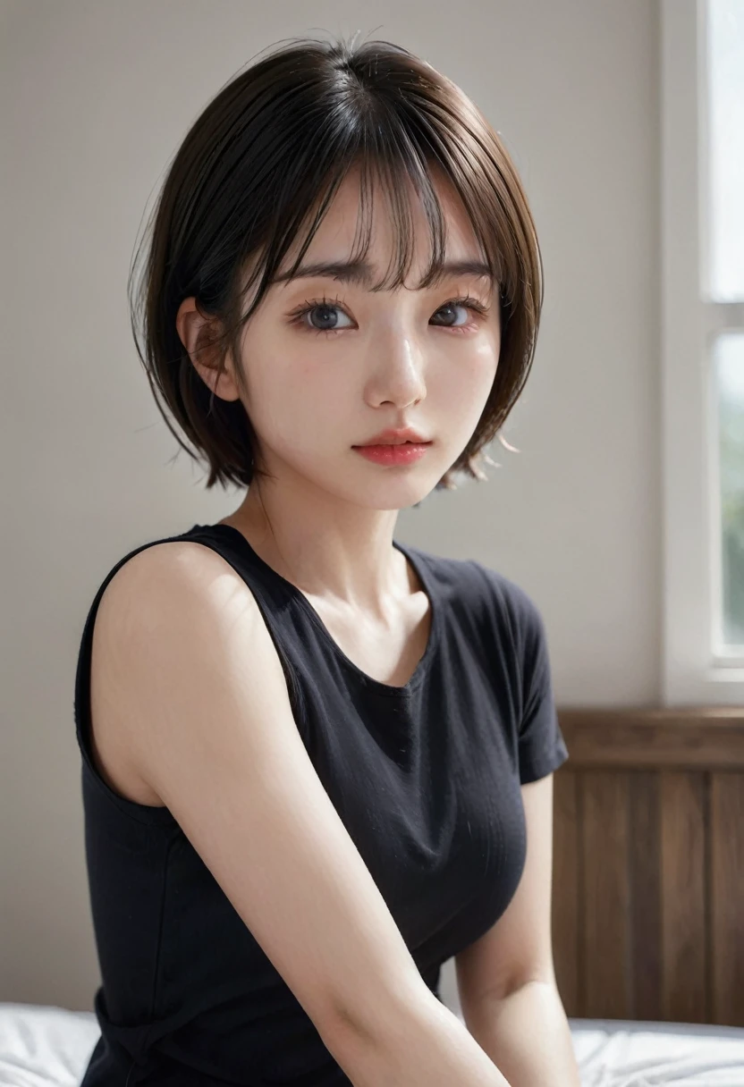 photorealistic, Photography ,BREAK, short hair woman, taking a (selfie:1.5) , (black T-shirts), on the bed in simple bedroom , white background, (short hair), BREAK, 8k , LAW , best-quality, masterpiece, hyper realistic detail shiny skin , natural shading , realistic shadow, BREAK (hyper realistic detail shiny skin, detailed skin, detailed hair, ultra sharpness, intricate details), perfect anatomy
