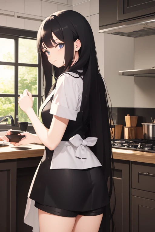 Long black hair wearing apron and shorts in the kitchen with her back turned and her head turned