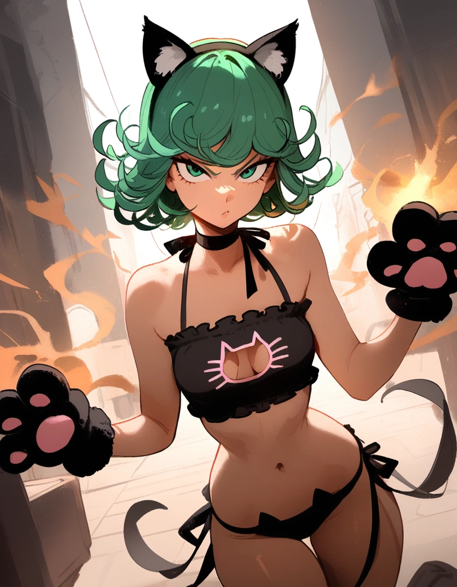 1girl, tatsumaki, one-punch man
\\\\\ masterpiece, best quality, newest ///// nyantcha, khyle, cutesexyrobutts \\\\\ thin waist, solo, sky, clouds, cropped legs, angry, day, looking at viewer, dutch angle, cat lingerie, paw gloves, fake cat ears