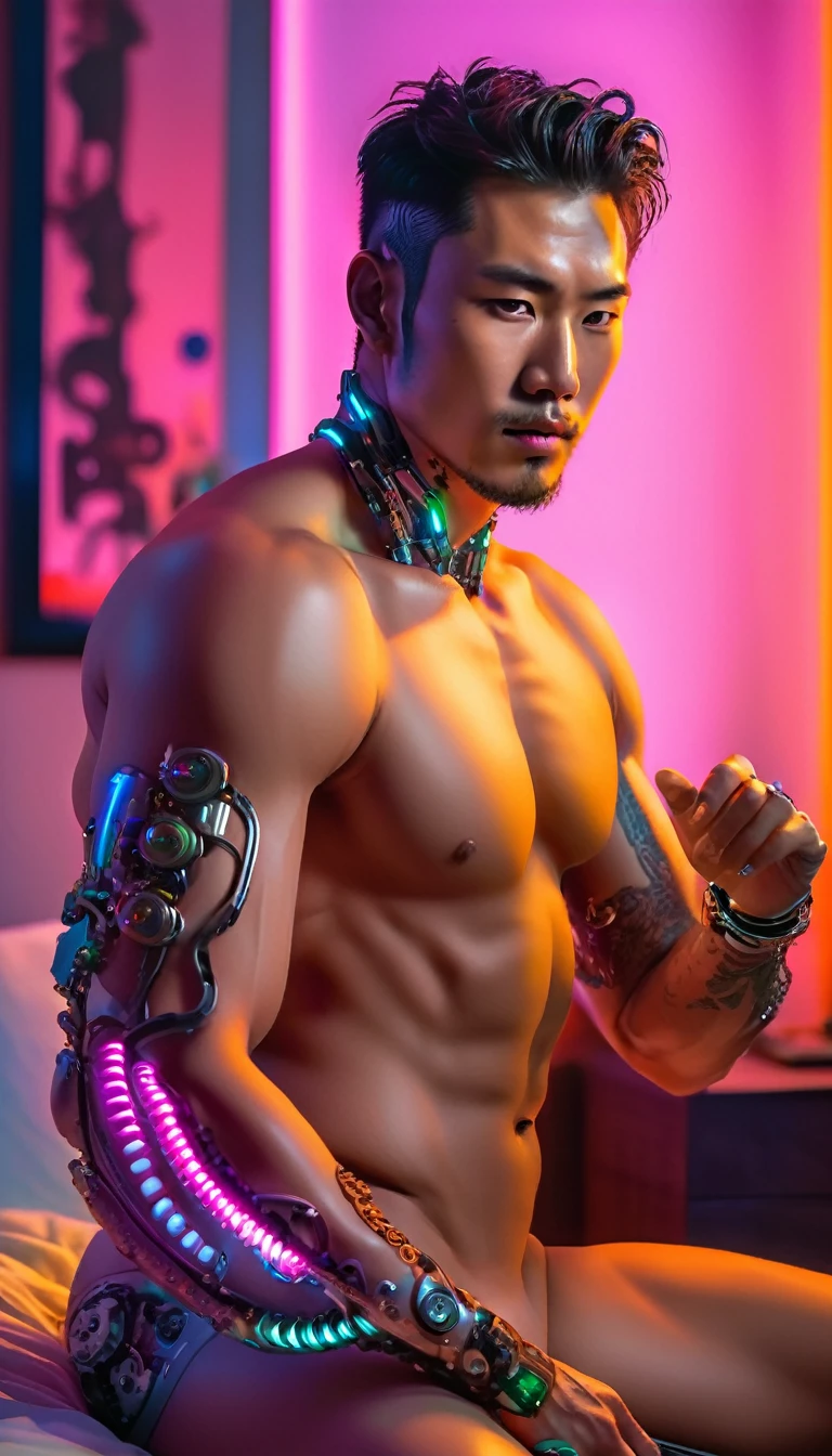 nsfw, best quality, masterpiece, highly detailed, cyberpunk art style, male, man, extremely attractive korean man, nude, muscular build, short middle parting hair, one robotic cybernetic arm, mechanical tentacle in place of penis, sitting on edge of bed, in bedroom, multicolored neon ambient lighting, dramatic shadows, perfect face, perfect hand, perfection