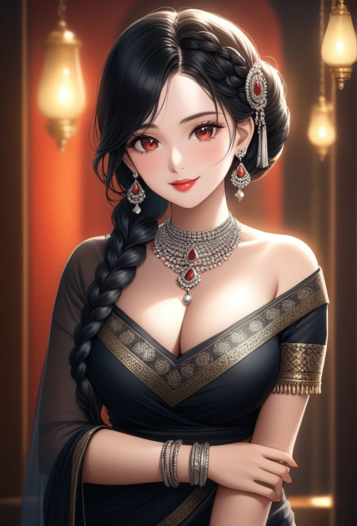 a beautiful young woman , 1girl, hourglass figure, seductive pose, printed design black saree, silky black hair braid, heavy silver jhumka earrings, necklace, anklet, cleavage, detailed face with stunning red eyes, full lips, flawless makeup, dark cinematic lighting, dramatic photorealistic effect, masterpiece-level 8k rendering, ultra-detailed, realistic, photo-realistic, hdr, uhd, studio lighting, ultra-fine painting, sharp focus, physically-based rendering, extreme detail description, professional, vivid colors, bokeh, smiling, full body view, bangles,hair accessories
