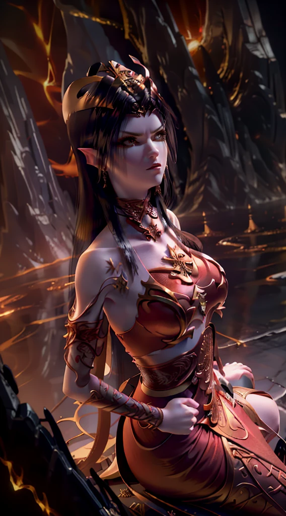 Excellent, masterpiece, extremely beautiful (goddess: 1.2) black hair, golden eyes, red clothes, looking up, sharp eyes, seductive smile, and seductive sitting position on the throne, long black hair, fair skin, side braids, red theme, xianxia fantasy, 8k high quality detailed art, goddess. extremely high detail, sharp, cinematic lighting, alchemy upscale image, profesional shot, vibrant, highly detailed, artstation, concept art, sharp focus, cinematic lighting, artgerm, render, unreal engine 5, front view, masterpiece, best quality, high quality, extremely detailed CG unit 16k wallpaper, donghua