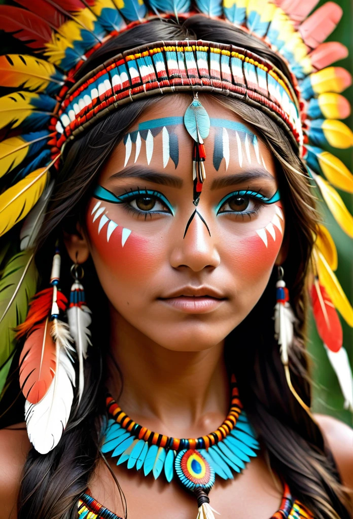 a close up of a  wearing a native american headdress, a photo colored by Robert Jacobsen, tumblr, Sumatraism, Amazonian Indian villages in Brazil, Beautiful costume, inka harpy girl, tribal style, native american, tribal face paint, Indigenous, beautiful young wind spirit, girl with feathers, tribal makeup, tribal face paints, Traditional beauty