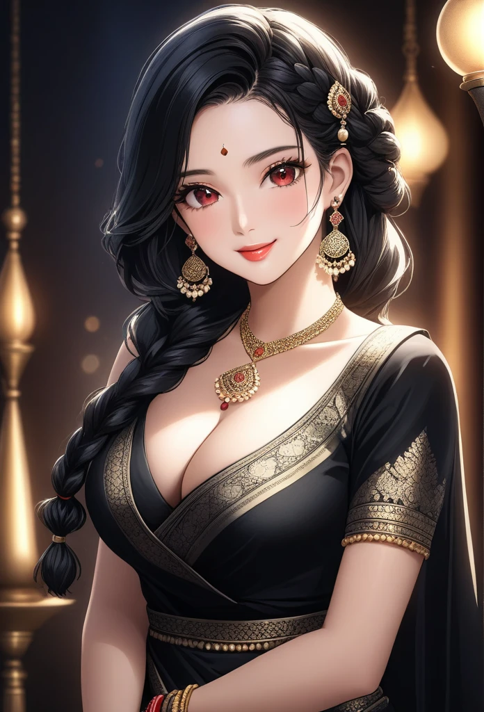a beautiful young woman , 1girl, hourglass figure, seductive pose, printed design black saree, silky black hair braid, heavy silver jhumka earrings, necklace, anklet, cleavage, detailed face with stunning red eyes, full lips, flawless makeup, dark cinematic lighting, dramatic photorealistic effect, masterpiece-level 8k rendering, ultra-detailed, realistic, photo-realistic, hdr, uhd, studio lighting, ultra-fine painting, sharp focus, physically-based rendering, extreme detail description, professional, vivid colors, bokeh, smiling, full body view, bangles,hair accessories