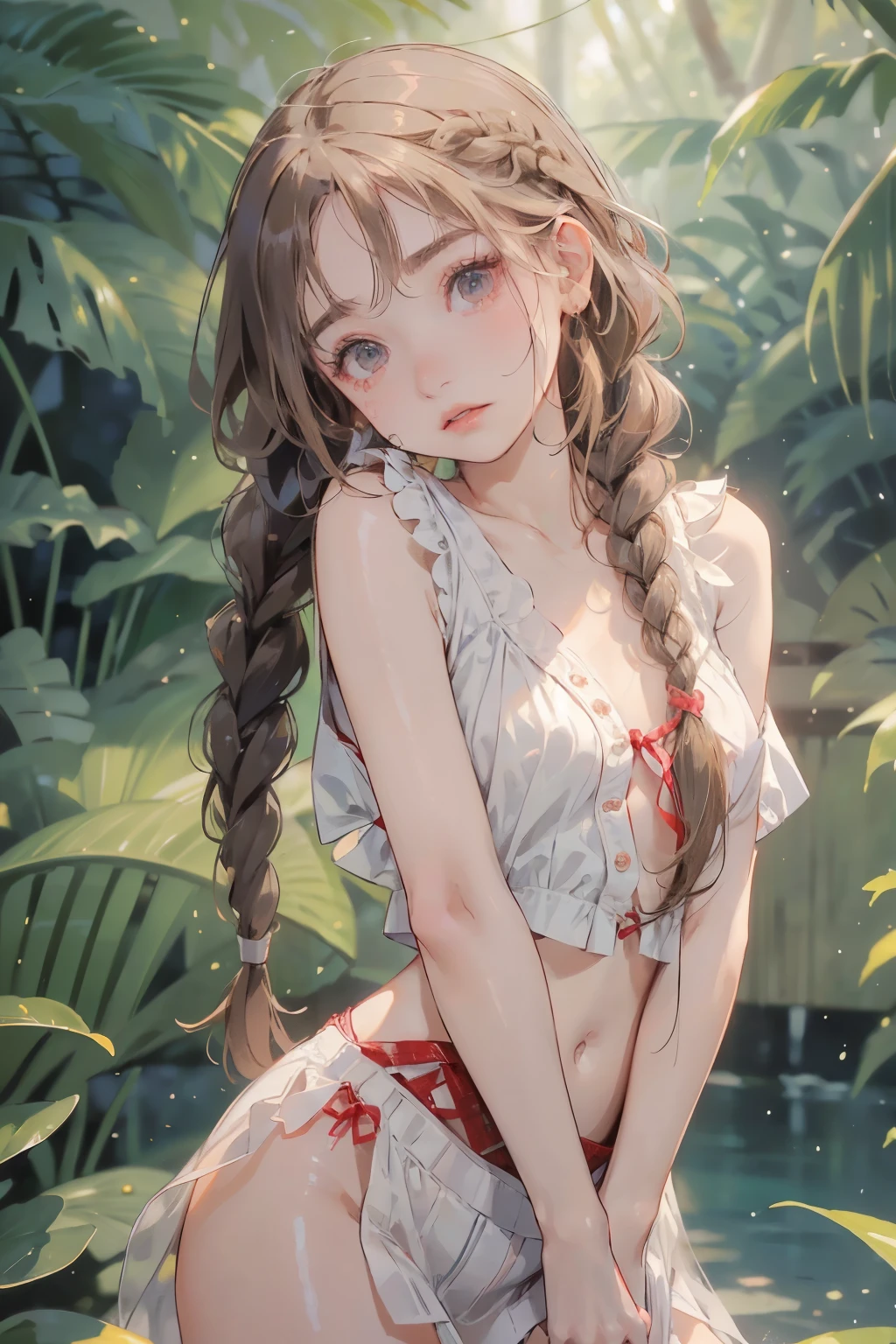  ((best quality)), ((masterpiece)), (detailed), 1girl, (big forhead:1.2),extremely detailed cute anime face, (((flat chest))), (flat chest:1.1),((((long twin braids,tight braids,long braid,braided hair,long hair)))),intricate eyes,beautiful detailed eyes,symmetrical eyes,(((detailed face))),beautiful detailed lips, looking at this, (((embarrassed))),(horrified expression),(panic),(crying),highres,(best quality),(ultra detailed,extremely detailed),perfect face details, ((masterpiece:1.4, best quality))+, (ultra detailed)+, long twintails, cute girl, (flat chest:1.1), small breasts, slim body, skinny, ((narrow hips)), prominent collarbones, skinny arms, flat stomach, visible hip bones, long hair, red hair, white hair, blonde hair, dark hair, ponytail, thick ponytail, heavy ponytail, small breasts, perfect face, small breasts (flat chest:1.1), NSFW, long revealing gown,Detailed body，Full limbs, ((front facing)), NSFW, (flat chest:1.1), wild environment, jungle, nature 