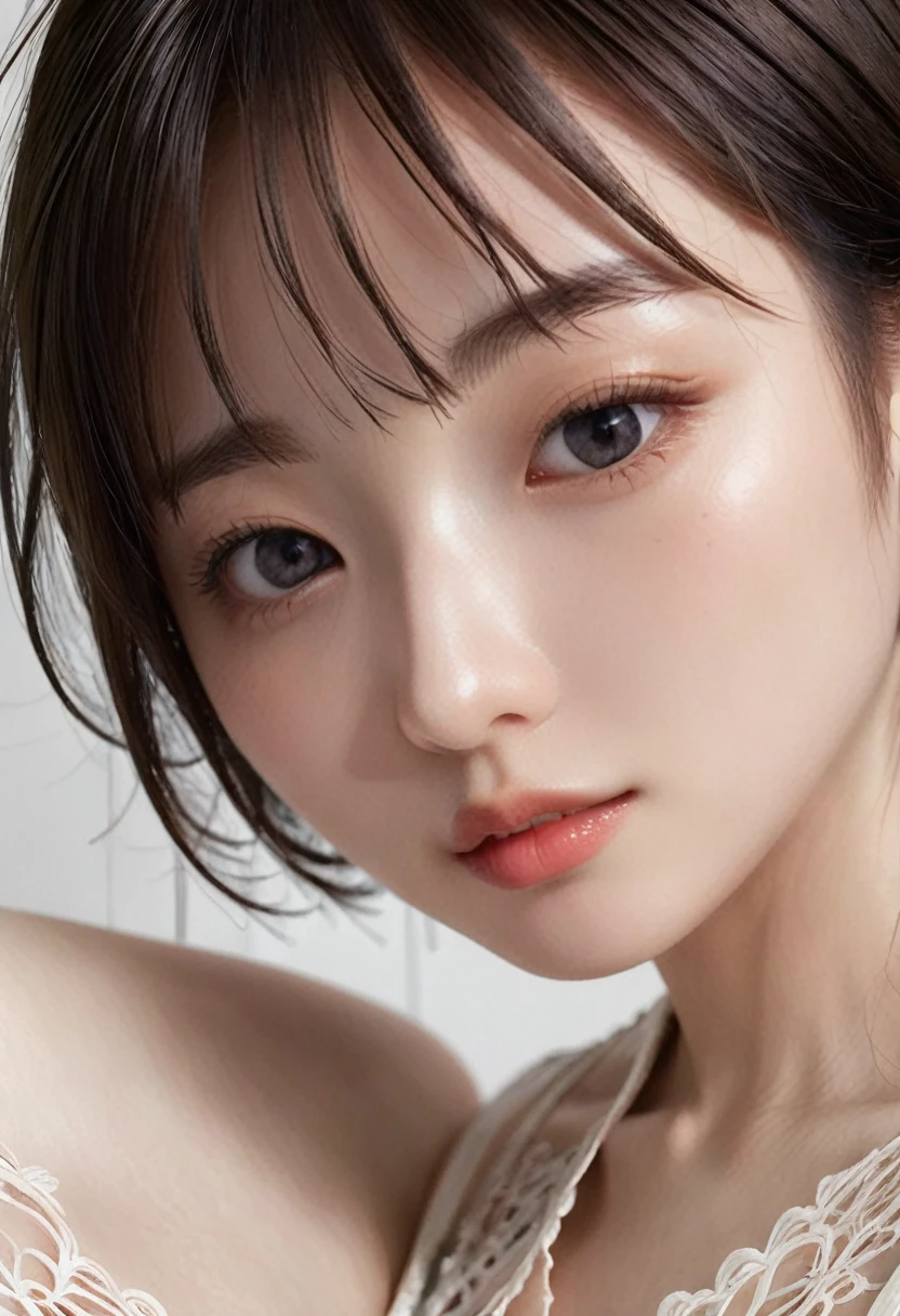 photorealistic, Photography ,BREAK, short hair woman, taking a (selfie:1.5) , (lace shirts), on the bed in simple bedroom , white background, (short hair), BREAK, 8k , LAW , best-quality, masterpiece, hyper realistic detail shiny skin , natural shading , realistic shadow, BREAK (hyper realistic detail shiny skin, detailed skin, detailed hair, ultra sharpness, intricate details), perfect anatomy