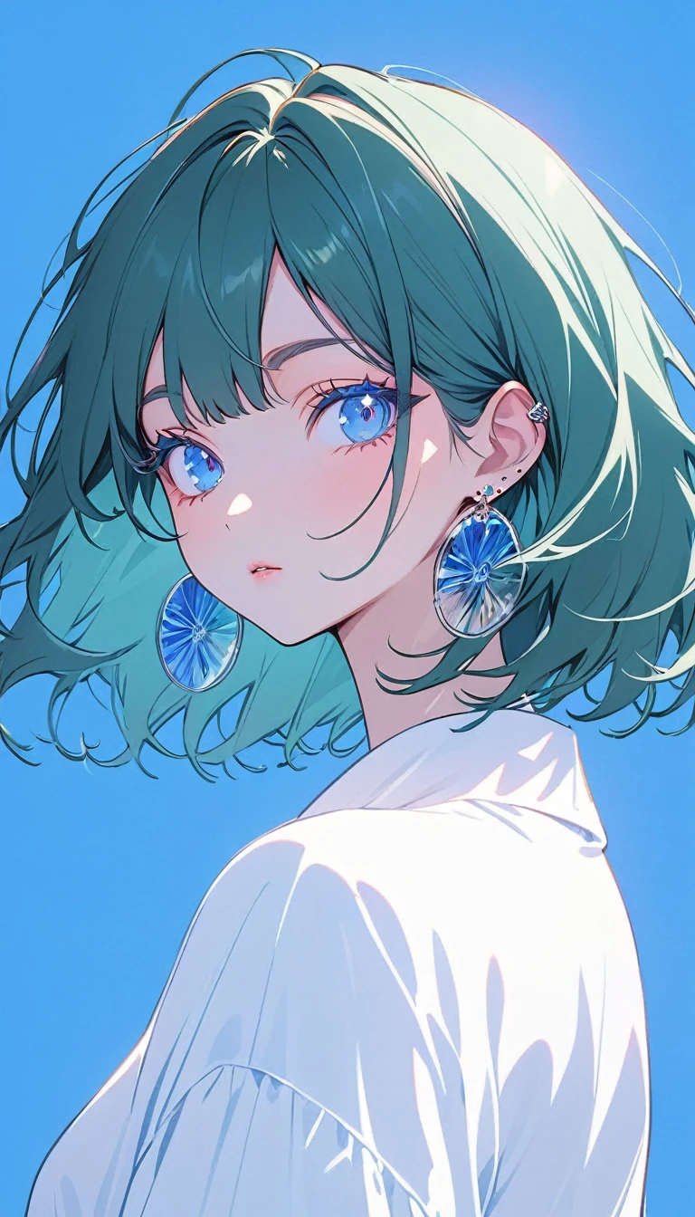 Minimalist,Stylish girl,Dark green hair,Blue background,Wear special earrings,Transparent eyelashes,Bright Blue Eyes