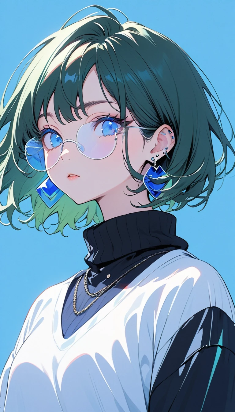 Minimalist,Stylish girl,Dark green hair,Blue background,Wear special earrings,Transparent eyelashes,Bright Blue Eyes
