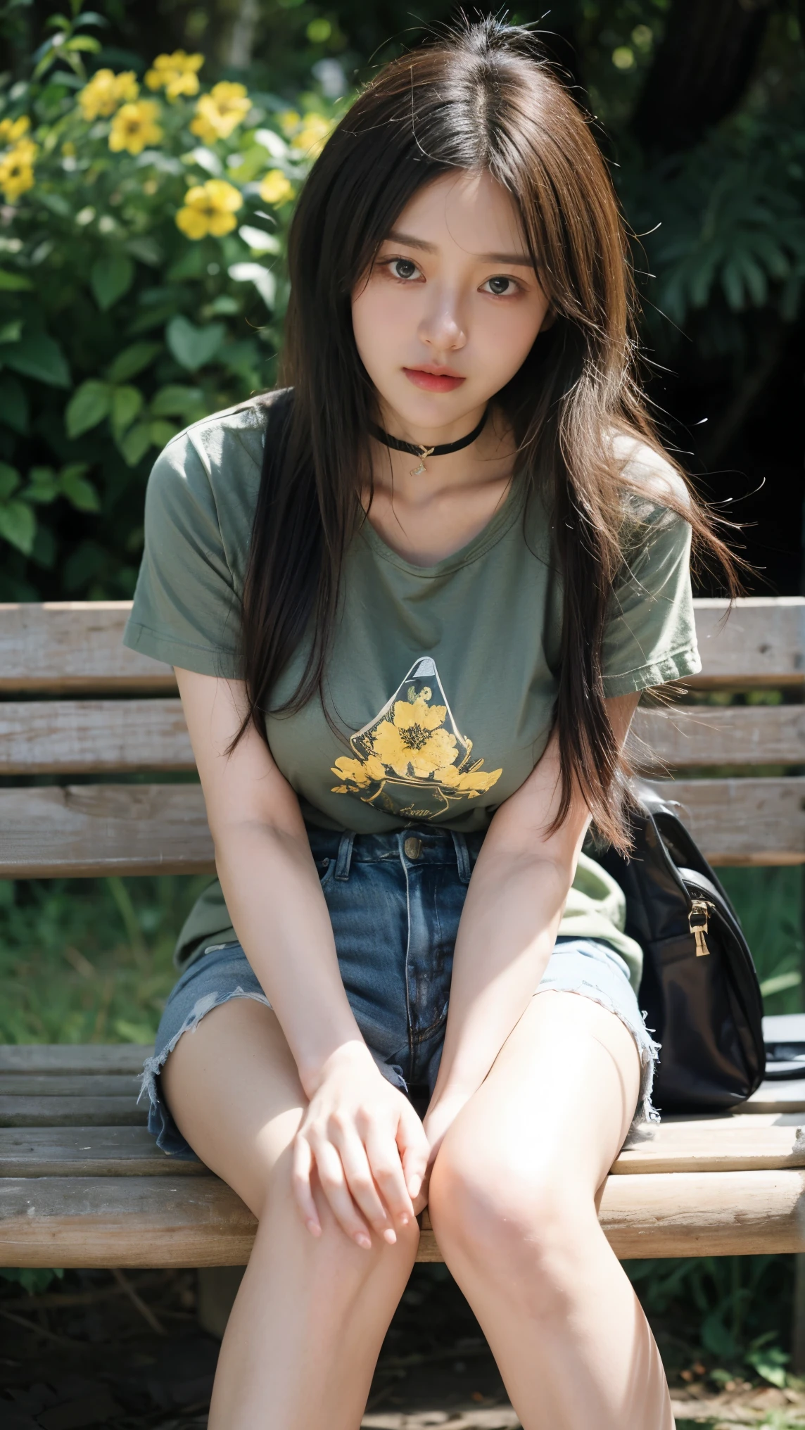 masterpiece, real photo, 21yo girl with long brown hair, wearing a green graphic t-shirt, a plaid flannel jacket, and a choker necklace, medium big breast, sits on a wooden bench in an outdoor setting. She has a backpack beside her, the background is filled with greenery and yellow flowers. The girl looks tired, (tired), (sweat:0.5), (wet:0.5), (wet hair:0.5), (close-up:0.2)