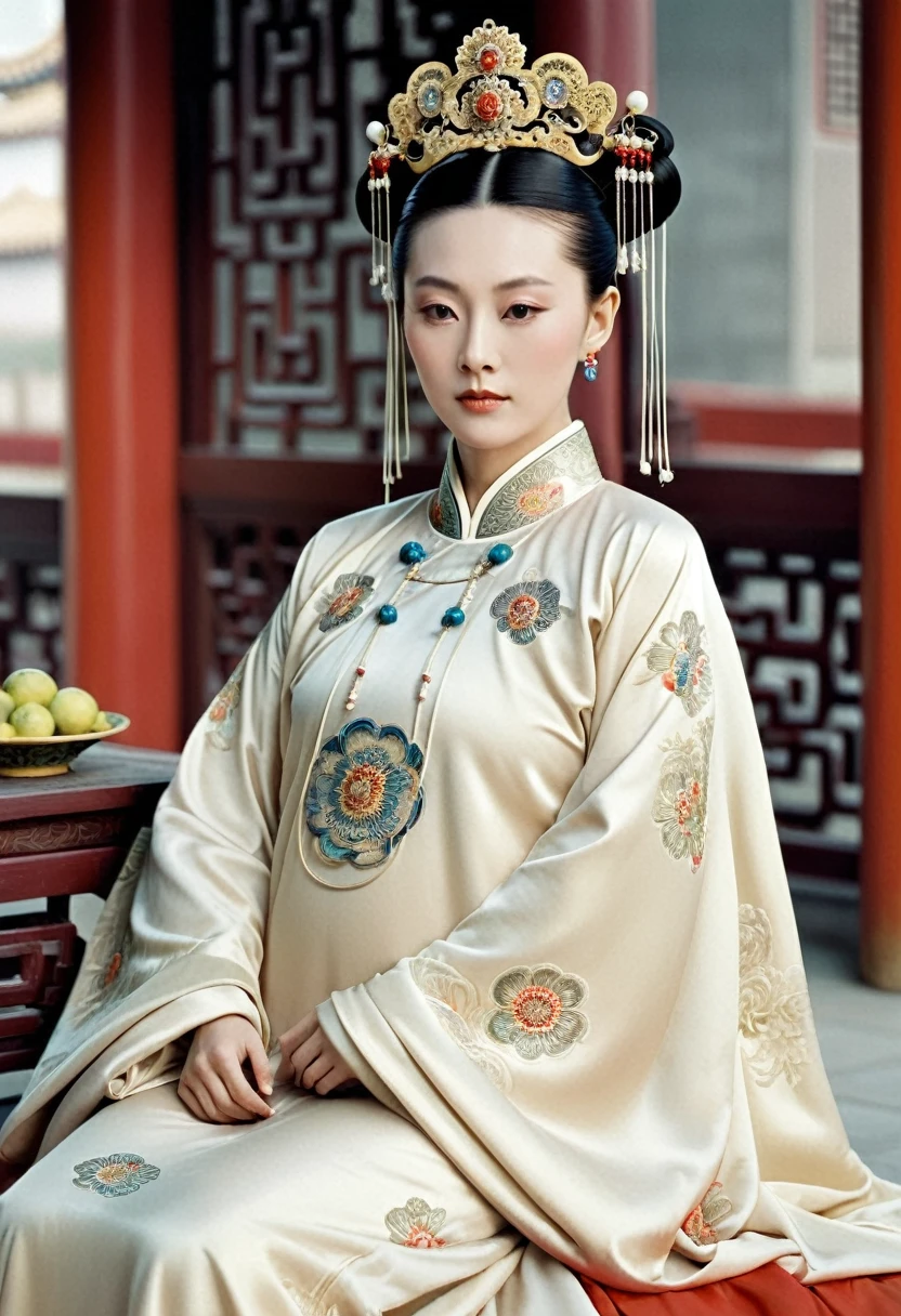 Empress of the Qing Dynasty sitting naked she's spreadiher in the Chinese court Empress of the Qing Dynasty Empress of China wearing a crown the size of an empress in China with her hair tied back and up in the background outside the Qing Dynasty