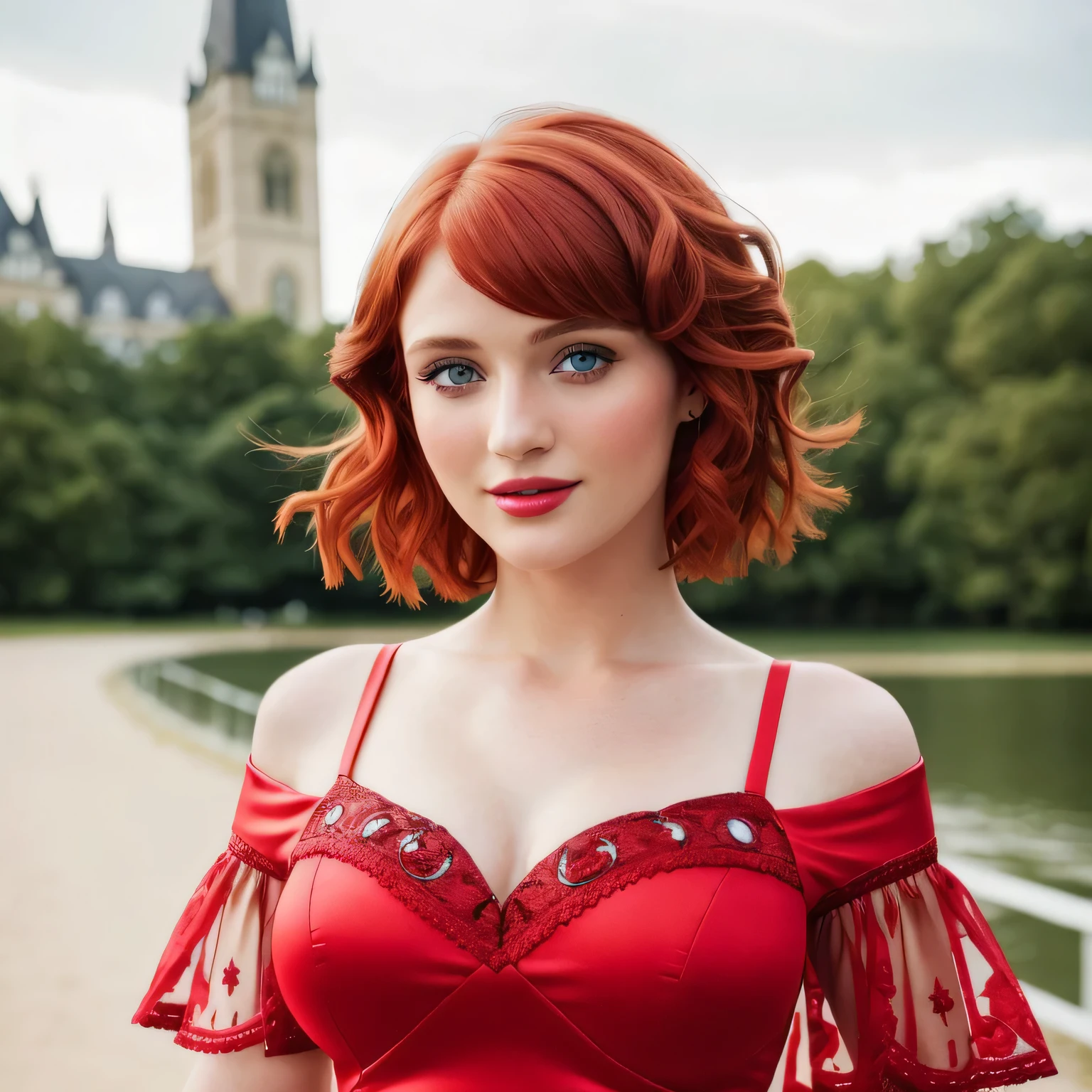 Masterpiece, (Bryce Dallas Howard: 0.5), 1girl, playful smile, high detail face, high detail skin, fashion red dress, (high detail eyes:1.3), short hair, red hair, (small breasts:1.2), (strong athletic body), city park background, (UHD, 8K wallpaper, High resolution), Cinematic lighting, award-winning, extremely white detailed skin, extra detailed face, high detail eyes, photo-realistic, Zeiss 85 mm F/1.4, by Ellen von Unwerth