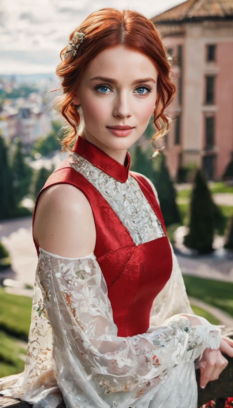 Masterpiece, (Bryce Dallas Howard: 0.5), shy, cute, playful smile, high detail face, high detail skin, fashion red dress, (high detail eyes:1.3), short hair, red hair, (small breasts:1.2), (strong athletic body), city park background, (UHD, 8K wallpaper, High resolution), Cinematic lighting, award-winning, extremely white detailed skin, extra detailed face, high detail eyes, photo-realistic, Zeiss 85 mm F/1.4, by Ellen von Unwerth
