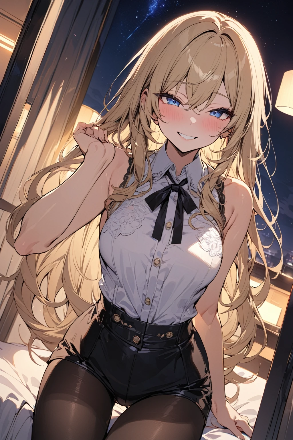 masterpiece, best quality, ultra detailed, solo, a handsome girl, blonde hair, blue eyes, elegant shirt, sleeveless, black shorts, casual jacket, naughty smile, tights, long hair, best angle, night sky