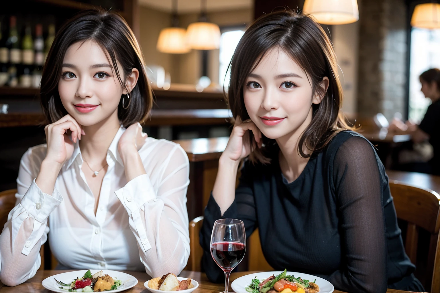 ((Highest quality、8k、masterpiece:1.limカップル、modelカップル、(Realistic, Intricate details:1.2), full-course dinner、wine 、Amazing view of the sunset sky and clouds、A bright smile、The wonderfulness of smile、Bright image、wineの美しさ, Beautiful Face, blue eyes, The light shines on your face, blush, short hair,Bright Face、 (Age 48 years old, 赤wine 、Appetizers、Italian food、wine bottle、Champagne、スパークリングwine、Two beauties、Brown Hair、Shortcuts、Long sleeve shirt、dress、Beautiful woman 1, (slimな顔), (The body is slim), (Brown Hair), (Shortcuts), cheeks turn a little red,Attractive beauty、restaurant, In a prominent place (From the waist up) Nova Frog Style, actress, model, Upper Body, 白wine, slim, wineグラス, 中央に置かれたwineグラス, smile, (smile: 1.15), Beautiful fine grain, Depth f/2,saturation, High Contrast, Strong light and shadow,Moist Body:1.5、3D texture、Delicate eyes、Brown Hair、The hair is very shiny、