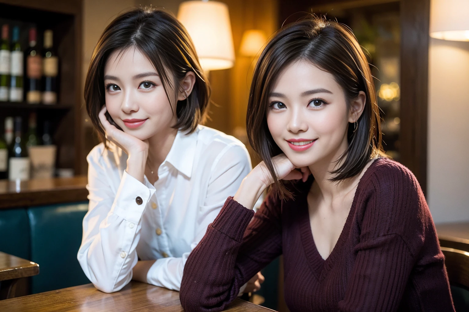 ((Highest quality、8k、masterpiece:1.3))、slimカップル、modelカップル、(Realistic, Intricate details:1.2), full-course dinner、wine 、Amazing view of the sunset sky and clouds、A bright smile、The wonderfulness of smile、Bright image、wineの美しさ, Beautiful Face, blue eyes, The light shines on your face, blush, short hair,Bright Face、 (Age 45), 48 years old, 赤wine 、Appetizers、Italian food、wine bottle、Champagne、スパークリングwine、Two beauties、Brown Hair、Shortcuts、Long sleeve shirt、dress、Beautiful woman 1, (slimな顔), (The body is slim), (Brown Hair), (Shortcuts), cheeks turn a little red,Attractive beauty、restaurant, In a prominent place (From the waist up) Nova Frog Style, actress, model, Upper Body, 白wine, slim, wineグラス, 中央に置かれたwineグラス, smile, (smile: 1.15), Beautiful fine grain, Depth f/2,saturation, High Contrast, Strong light and shadow,Moist Body:1.5、3D texture、Delicate eyes、Brown Hair、The hair is very shiny、